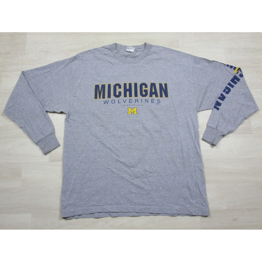 Vintage 90s Michigan Wolverines T-Shirt (XL) Long Sleeve Spellout NCAA Football